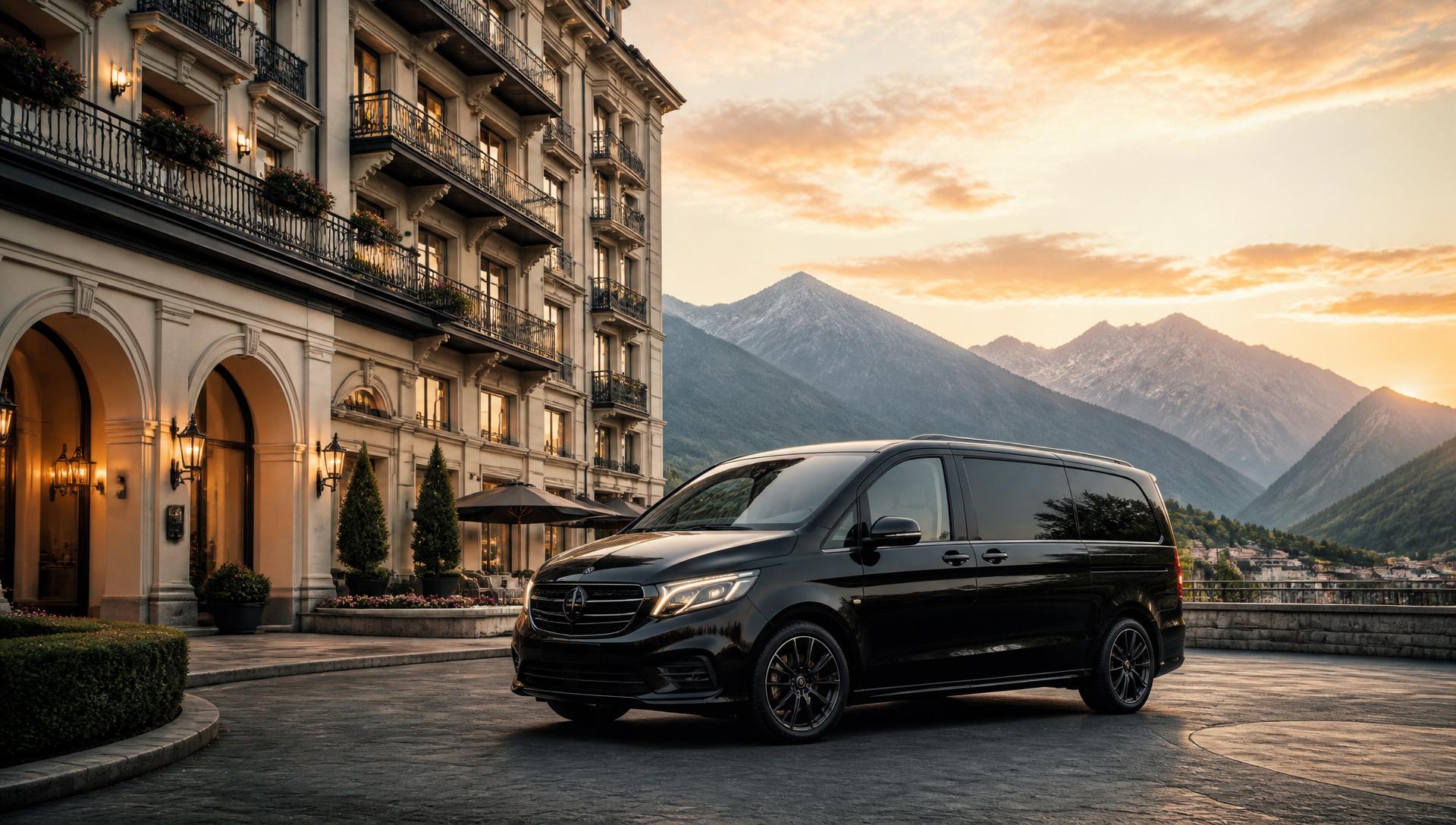 Black Mercedes-Benz V-Class parked in front of a luxury alpine hotel in Salzburg at golden hour